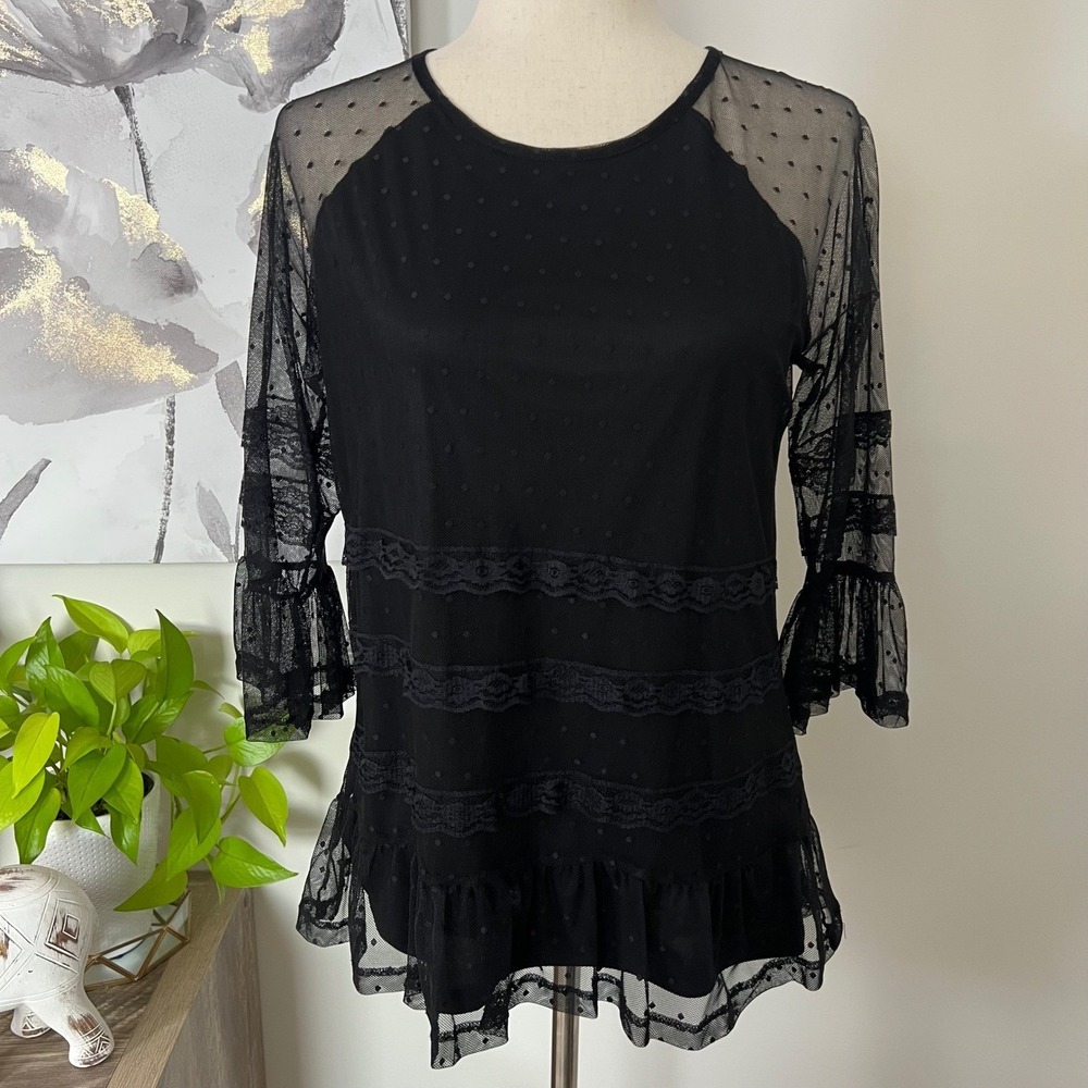 Black Dot Lace Top Whimsigoth Coquette Romantic Blouse Ruffle Bell Sleeve Medium
